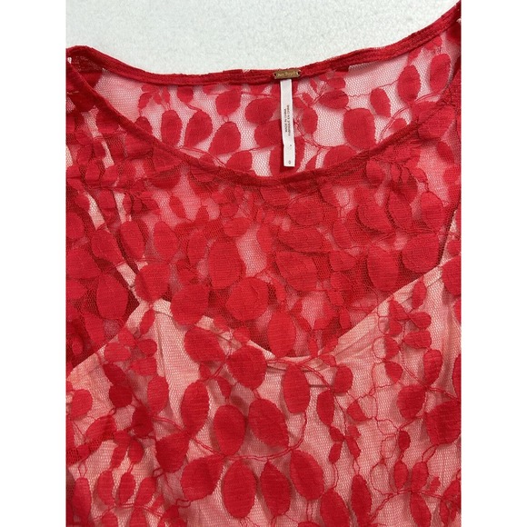 Free People Dress Womens sz. 0 Red Floral Lace Fit Flare 3/4 Sleeve Stretch Boho - Picture 5 of 8